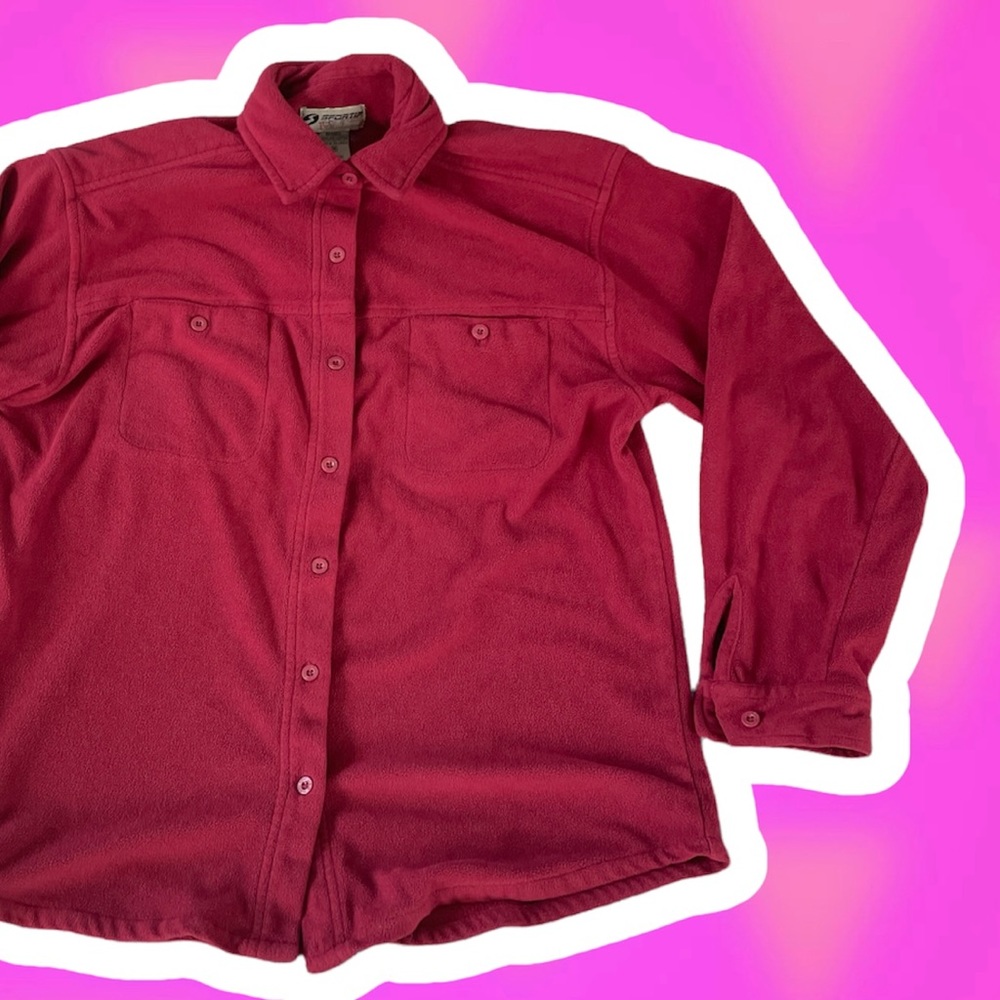 Vintage Medium Fleece Long Sleeved Button Down Collared Red Sportif USA Unisex